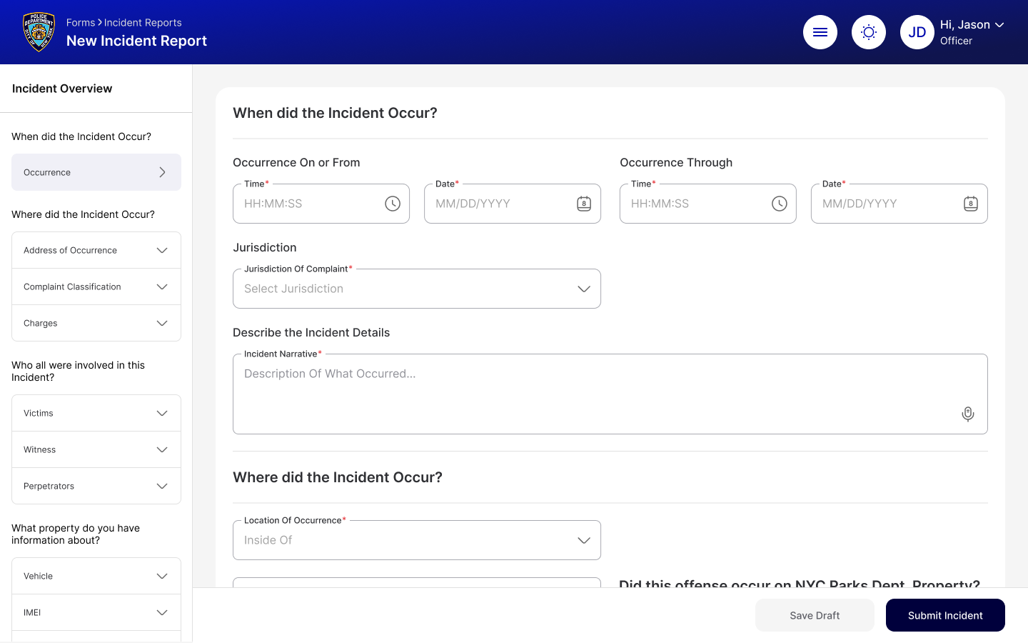 Clear redesigned NYPD incident report form interface